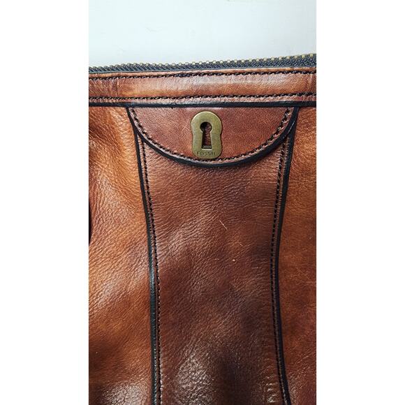 Vintage Fossil Reissue Large Satchel Handbag Camel Brown Leather With Key Charms - Picture 10 of 16